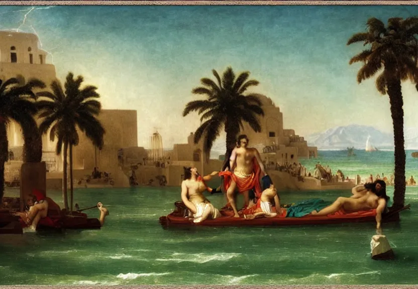 Image similar to Palace floating in the sky, caravels, thunderstorm, greek pool, beach and palm trees on the background major arcana sky, by paul delaroche, hyperrealistic 4k uhd, award-winning, very very very detailed