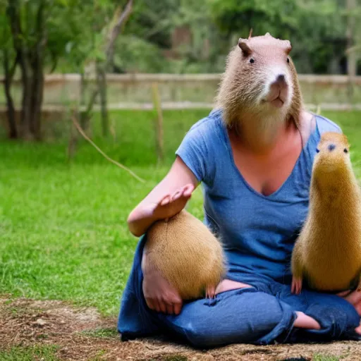 Image similar to woman praying to a capybara that is sitting on a pedastal