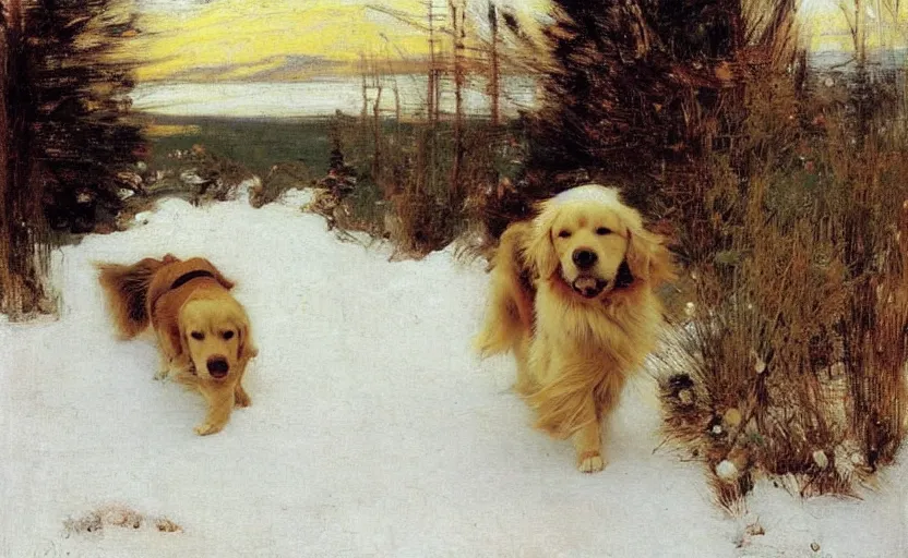 Prompt: a golden retriever walking though Siberia painted by John William Waterhouse