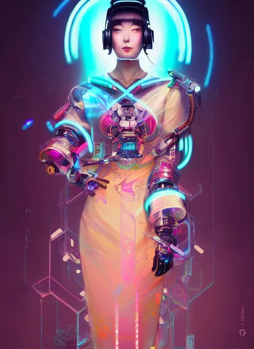 Prompt: portrait of female japanese android wearing a vr headgear and in an elaborate kimono dress, hologram hovering around her, intricate detail, cyber neon lighting, highly detailed, beautiful wide angle photography, artstation, glamor pose, concept art, art by peter mohrbacher, pinterest, artstation,