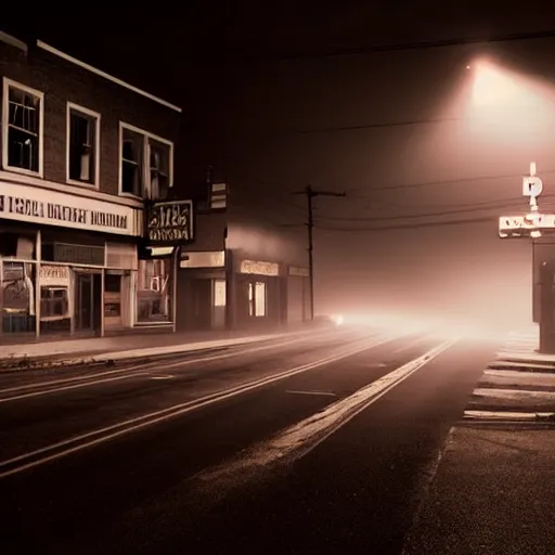 Image similar to A stunningly beautiful award-winning down angle 8K high angle cinematic movie photograph of a dark foggy lightless main intersection in an abandoned 1950s small town at night, by David Fincher and Darius Khonji, cinematic lighting, perfect composition, moody low key volumetric light. Color palette from Seven, greens yellows and reds. 2 point perspective, high angle from 15 feet off the ground. Octane render