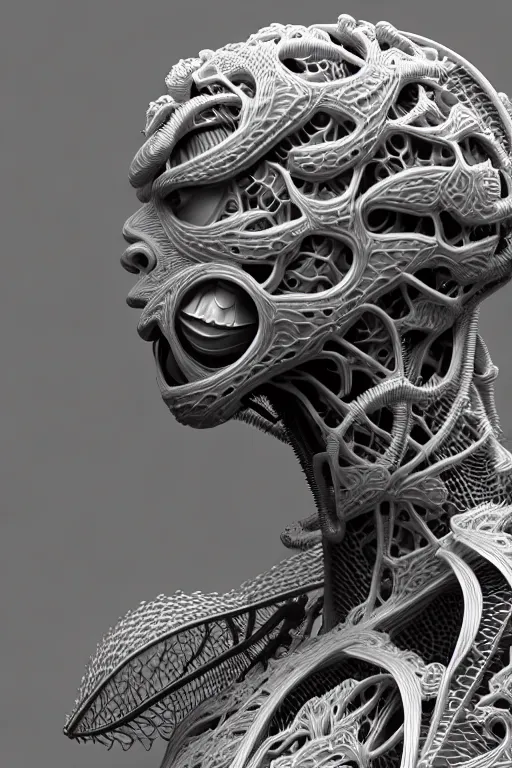 Prompt: bw 3 d render, hyper detailed, stunning beautiful biomechanical albino angry soldier cyborg with a porcelain profile face, beautiful natural soft rim light, big leaves and stems, roots, fine foliage lace, alexander mcqueen, studio ghibli, herge, art nouveau fashion embroidered, steampunk, silver filigree details, hexagonal mesh wire, mandelbrot fractal, 8 k