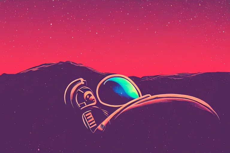 Image similar to an astronaut laying on mars in the style of flooko, acrylic art, detailed, moonlight, red lighting, bokeh, synthwave, psychedelic, glitch, neon,