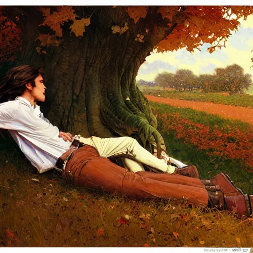 Prompt: long shot of young man and woman with long brown hair, laying under a tree looking at clouds autumn, ( ( ( wearing jeans ) ) ), by stanley artgerm lau, greg rutkowski, thomas kindkade, alphonse mucha, loish, norman rockwell