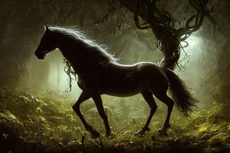 Image similar to a stunning horse with a thick mane of bioluminescent vines and flowers running through the woods by greg rutkowski, high key lighting, volumetric light, digital art, highly detailed, fine detail, intricate, ornate, complex, octane render, unreal engine, photorealistic