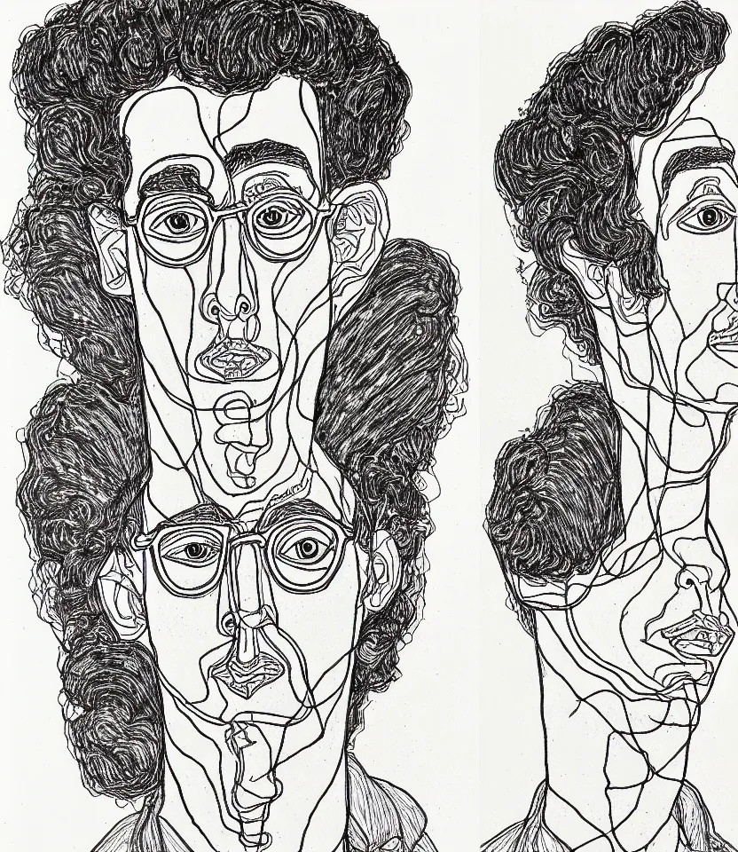 Prompt: detailed line art portrait of allens ginsberg, inspired by egon schiele. caricatural, minimalist, bold contour lines, musicality, soft twirls curls and curves, confident personality, raw emotion