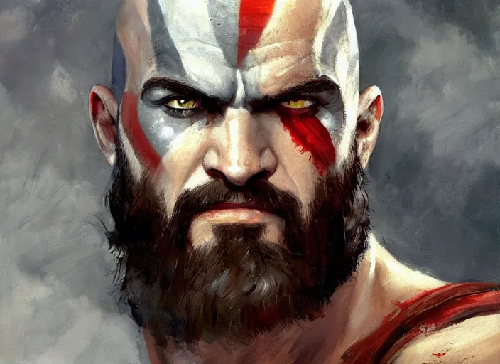 Image similar to a highly detailed beautiful portrait of gabriel boric as kratos, by gregory manchess, james gurney, james jean