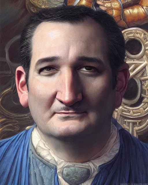 Prompt: closeup portrait of whimsical ted cruz speaking at a convention, court jester in renaissance era, masterpiece, by donato giancola and greg rutkowski and wayne barlow and zdzisław beksinski, high contrast, realistic face