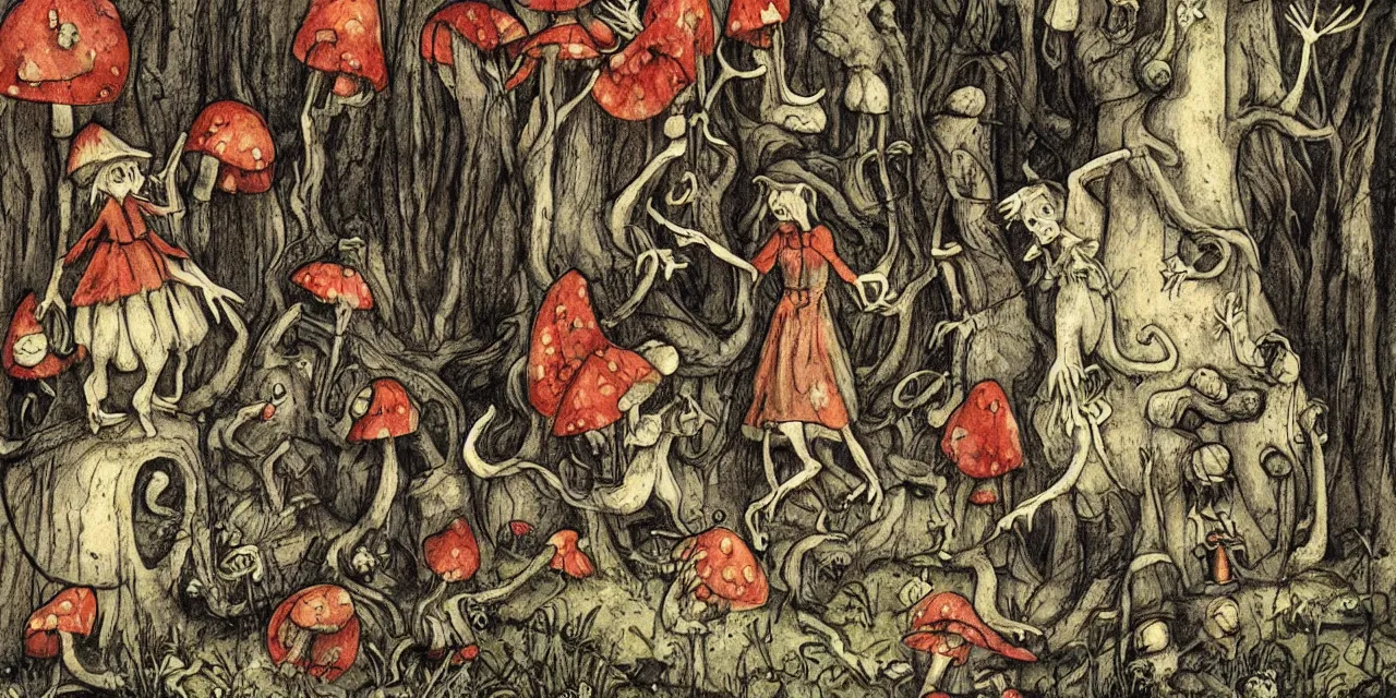 Image similar to medieval folktale ghosts and spiders fairies and toadstools, surreal sparse spooky fun delightful