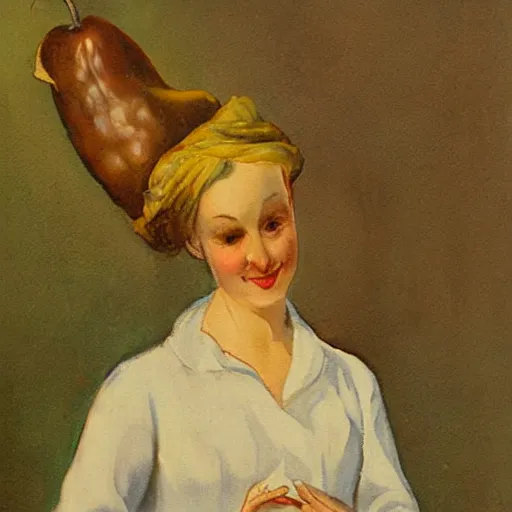 Prompt: vintage painting of a woman holding a pear