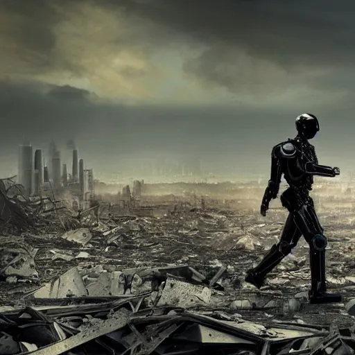 Image similar to dark picture of a metalic terminator exoskeleton walking on a destroyed city, 8 k, uhd, gloomy background, golden hour, 5 0 0 mm