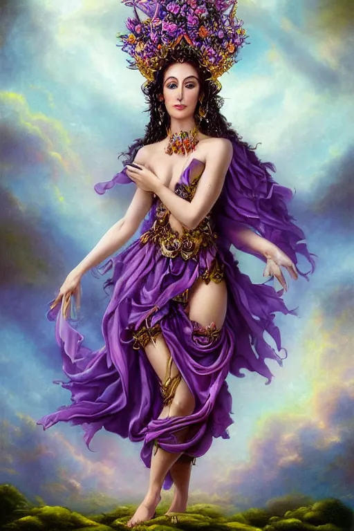 Image similar to full body pose fine art photo of the cher goddess, she has a crown of stunning flowers and frilly dress of purple satin and gemstones, background full of stormy clouds, by peter mohrbacher