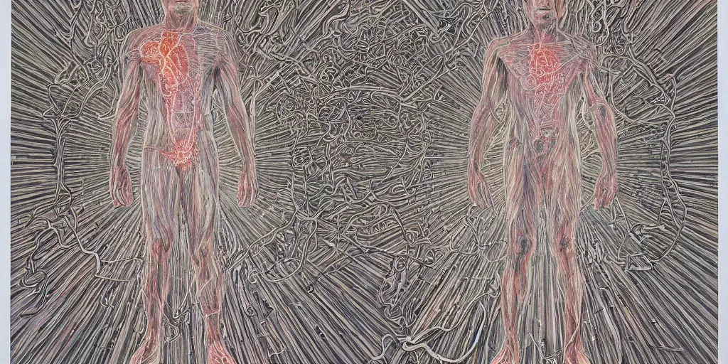 Image similar to man burning from the inside out casts astral projections around his body by alex grey!!!!, cosmic, meridians