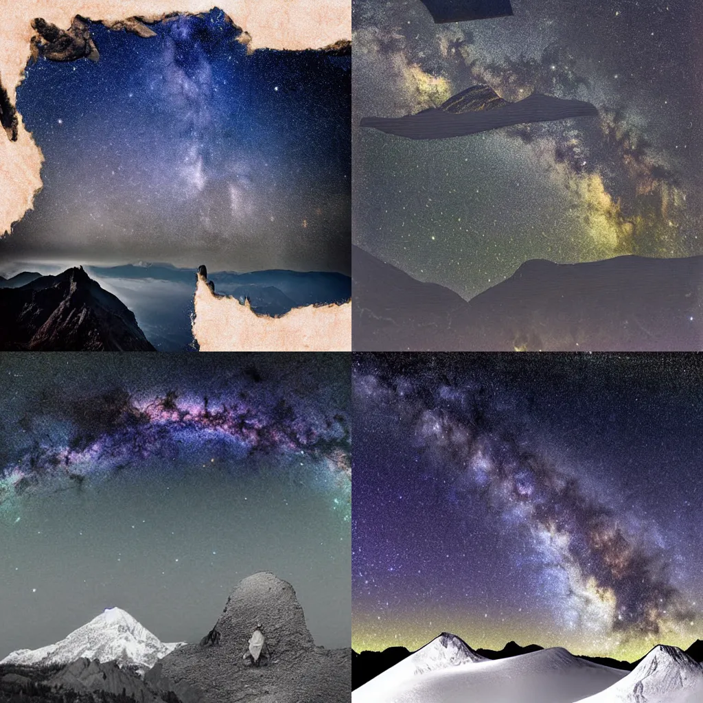 Prompt: surrealist collage of mountains archive photograph under amazing milky way night sky