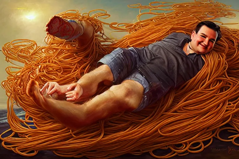 Image similar to portrait of ted cruz rolling around in spaghetti, an oil painting by ross tran and thomas kincade