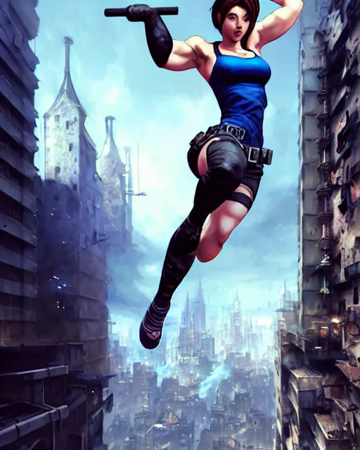 Image similar to gigachad jill valentine bodybuilder jumping from a building fighting in racoon city, fantasy character portrait, ultra realistic, anime key visual, full body concept art, intricate details, highly detailed by greg rutkowski, ilya kuvshinov, gaston bussiere, craig mullins, simon bisley