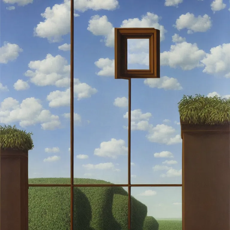 Image similar to window floating in the sky, by rene magritte, centered, detailed painting, hd, hq, high resolution, high detail, 4 k, 8 k