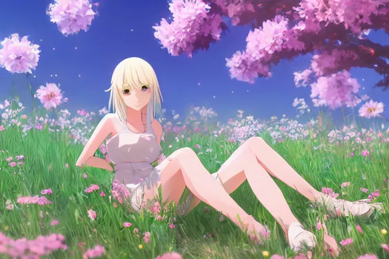 Image similar to beautiful anime transgender blonde girl sitting in a field full of flowers, highly detailed, realistic, dynamic lighting, cinematic, masterpiece, trending on artstation, in the style of studio Ghibli