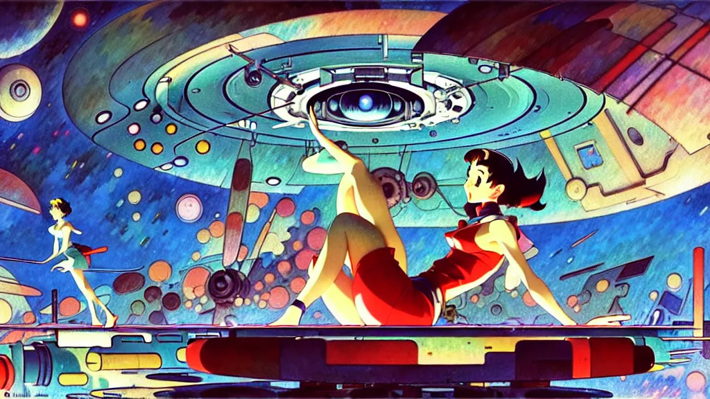 Image similar to a film still of a 1 9 5 0's mechanic anime girl sitting on top of flying ufo landing in hangar of giant ufo spaceship, kandinsky, trending on pixiv fanbox, painted by gaston bussiere, makoto shinkai, akihiko yoshida, gaston bussiere, craig mullins