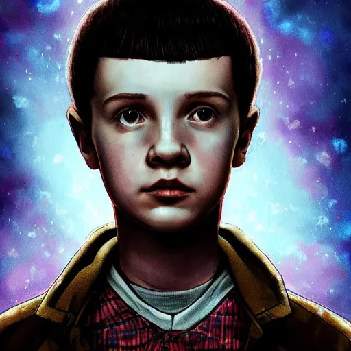 Prompt: portrait of Eleven from the stranger things by (((Mazzoni Marco))),dark ,detailed ,flowers on hair ,portrait,