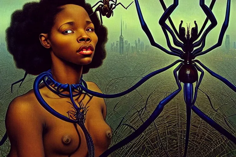 Prompt: realistic detailed portrait movie shot of a beautiful black woman riding a giant spider, dystopian city landscape background by denis villeneuve, amano, yves tanguy, alphonse mucha, max ernst, ernst haeckel, kehinde wiley, caravaggio, jean delville, edward robert hughes, roger dean, cyber necklace, rich moody colours, sci fi patterns, dramatic, wide angle