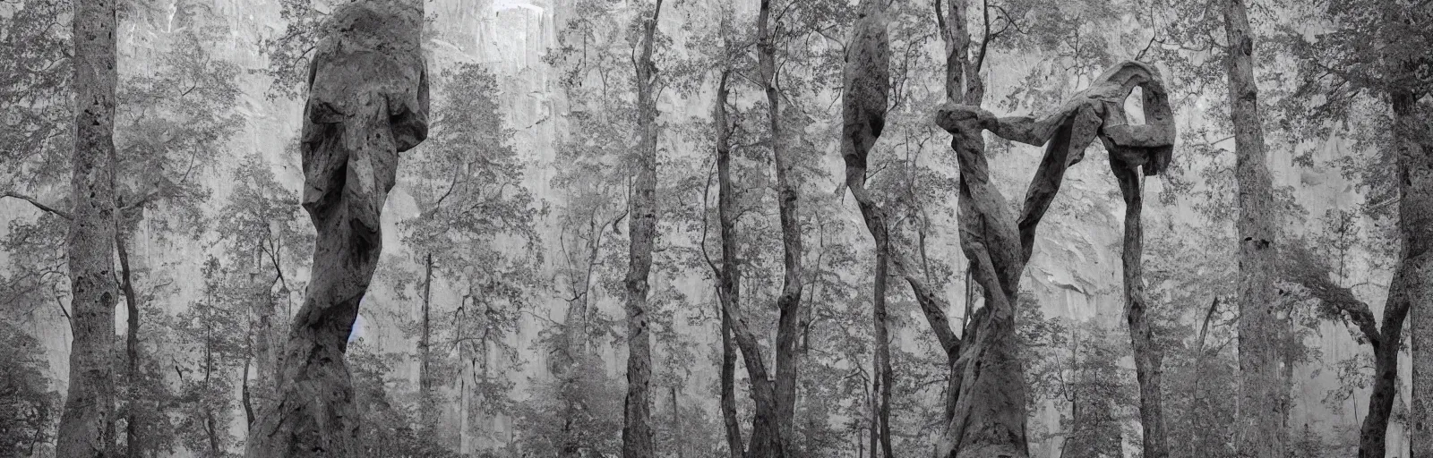 Image similar to to fathom hell or soar angelic, just take a pinch of psychedelic, medium format photograph of two colossal minimalistic necktie sculpture installations by antony gormley and anthony caro in yosemite national park, made from iron, marble, and limestone, granite peaks visible in the background, taken in the night