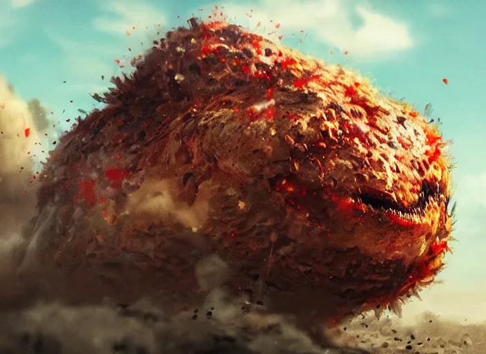 Prompt: close up cinematic artwork of meatwad staring down the enemy on the battlefield by Greg Rutkowski, 4k, masterpiece
