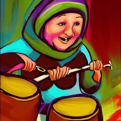 Image similar to a babushka playing drums, the drums look like bowls of oatmeal, digital art