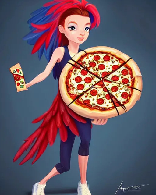 Image similar to female harpy as a pizza delivery woman, bird human hybrid with feathery bird arms and talon bird feet, holding a cardboard pizza box, wearing a pizza delivery uniform. feathers for hair, cute, dynamic character design, stunning, highly detailed digital painting, artstation, stylized urban fantasy artwork, by artgerm and paul robertson