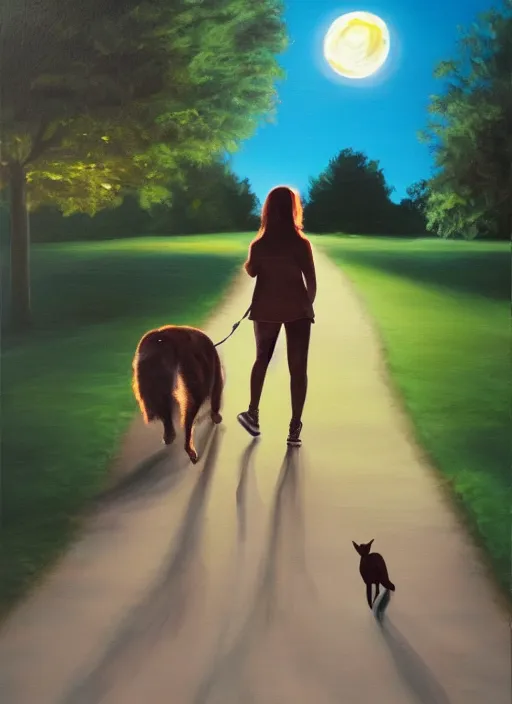 Image similar to young brown woman walking her dog in a park at night with a full moon, acrylic painting, photoreal, fantasy