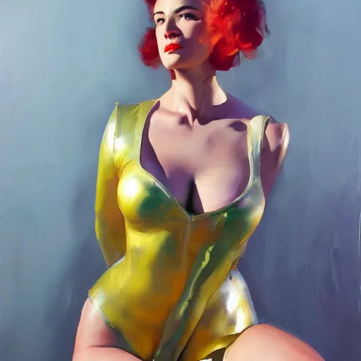 Prompt: greg manchess portrait painting of addison rae wearing a latex suit, medium shot, organic painting, sunny day, matte painting, bold shapes, hard edges, street art, trending on artstation, by huang guangjian and gil elvgren and sachin teng