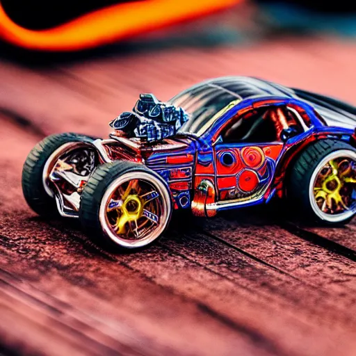 Prompt: hotwheels car with mecanum wheels, macro photography, professional