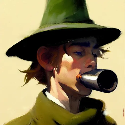 Image similar to greg manchess portrait painting of snufkin smoking a pipe, medium shot, asymmetrical, profile picture, organic painting, rainy day, matte painting, bold shapes, hard edges, street art, trending on artstation, by huang guangjian and gil elvgren and sachin teng