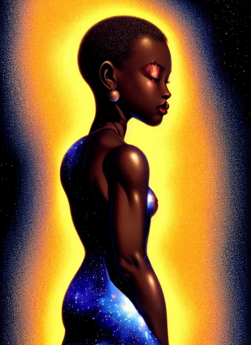 Image similar to black girl wearing a dress made of milky way, full body, occlusion shadow, specular reflection, rim light, unreal engine, artgerm, artstation, art by hiroaki samura and ilya kuvshinov and ossdraws, intricate, highly detailed 8 k, cosmic horror illustration, extremely beautiful shape of face and body