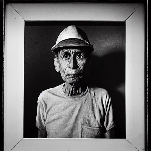 Prompt: portrait of mine worker by Diane Arbus