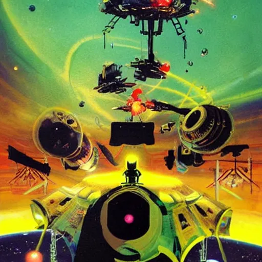 Prompt: eldritch, futuresynth by chris foss jaunty. a beautiful digital art of a space battle with wild, bright colors.