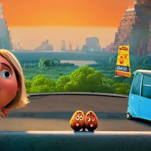 Prompt: A screenshot from Cloudy with a Chance of Meatballs (2009), sunset time, award winning