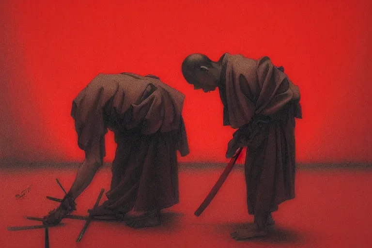 Image similar to only with red, a red samurai do seppuku, tokio, a lot of frogs watch, in the style of beksinski, parts by edward hopper, parts by rodcenko, parts by yue minjun, intricate and epic composition, red by caravaggio, insanely quality, highly detailed, masterpiece, red light, artstation, 4 k