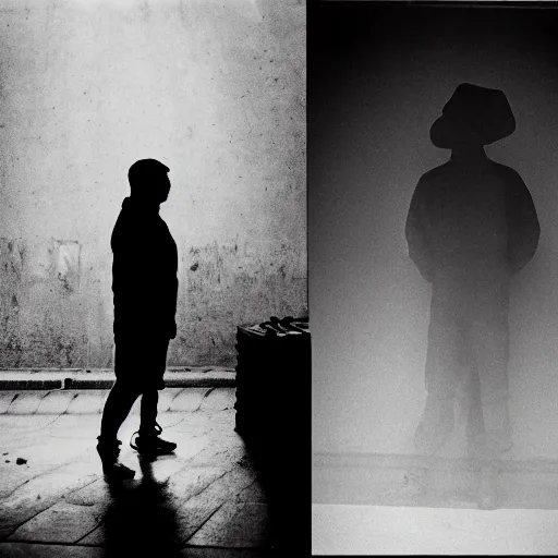 Prompt: ghostly silhouettes of random people poses taken with soviet flash camera