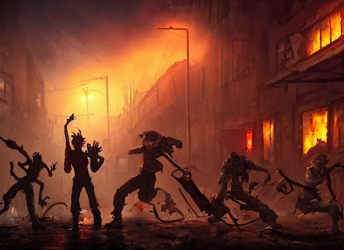 Prompt: a battle in the ruined streets at night between 3 d pixar disney zombies and 3 d heroic survivor in the style of pixar walkind dead, being lit by fireflames, medium shot, studio ghibli, pixar and disney animation, sharp, rendered in unreal engine 5, anime key art by greg rutkowski, bloom, dramatic lighting