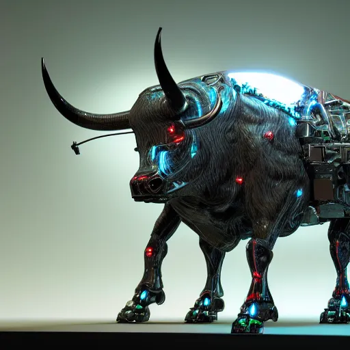 Image similar to a cybertronic buffalo-bull, leds, high detail, sharp, studio, digital art, octane render, redshift, blender-hard-surface, cinema-4d, houdini-hard-surface, machin3, mx2