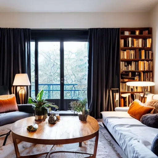 Image similar to award winning interior design apartment, dusk, cozy and calm, fabrics and textiles, colorful accents, secluded, many light sources, lamps, hardwood floors, book shelf, couch, desk, balcony door, plants, photograph magazine, wide angle