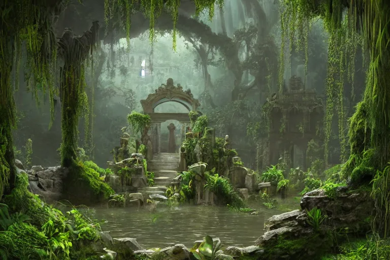 Prompt: A flooded stone temple, with a path, tall ceiling, overgrown with weeds, lush plants, colorful flowers, rich and green vines hanging from the tall ceiling, verdant bushes, mossy, dimly lit by natural sunlight, detailed, digital art, trending on Artstation, immaculate scale, cinematic lighting