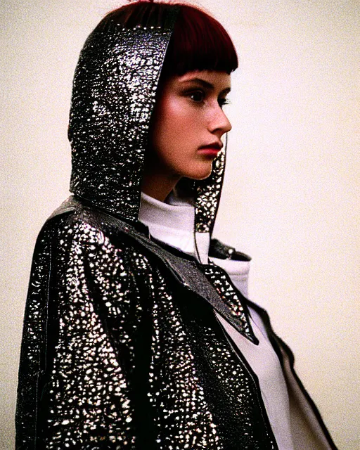 Prompt: detailed portrait kodak portra 800; grainy film European Pretty Young Girl Storm Rain bladerunner movie Reflective jacket coat, Futuristic sci-fi fashion, royal attire Perfect face, fine details, realistic shaded, fine-face, pretty face