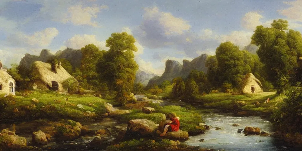 Image similar to a beautiful landscape painting of a cottage by a river in a valley, astronaut sitting by the river, by john glover, oil on canvas, highly detailed, hd, 4 k