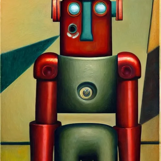 Prompt: brutalist robot with kind eyes portrait, lowbrow, pj crook, grant wood, edward hopper, oil on canvas