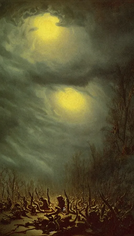 Image similar to a storm vortex made of many demonic eyes and teeth, by albert bierstadt,