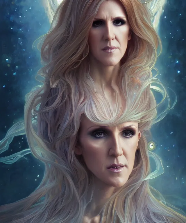 Prompt: Celin Dion as a fantasy magic woman portrait, sci-fi, amber eyes, face, long hair, fantasy, intricate, elegant, highly detailed, digital painting, artstation, concept art, smooth, sharp focus, illustration, art by artgerm and greg rutkowski and alphonse mucha