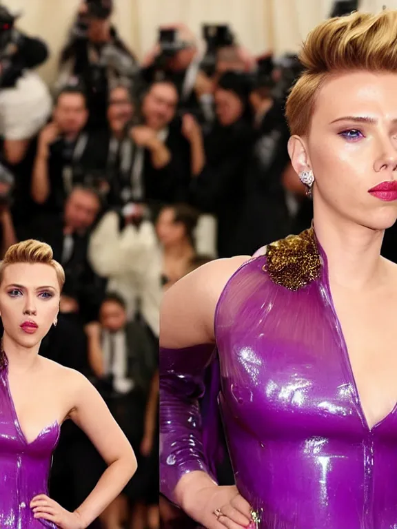 Prompt: sexy Scarlett Johansson wearing Translucent purple and Gold latex dress Met Gala photoshoot