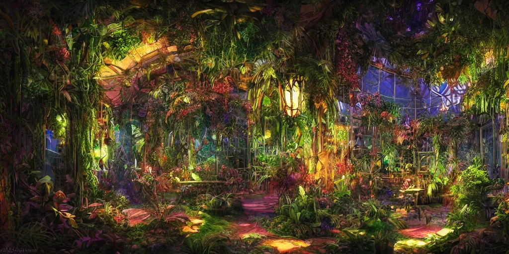 Prompt: secret garden, tropical greenhouse, glass cover, neon lights, mythology, fairy tale, evening lights, highly detailed, low angle view, artstation, mysterious, comfort, in the style of aetherpunk